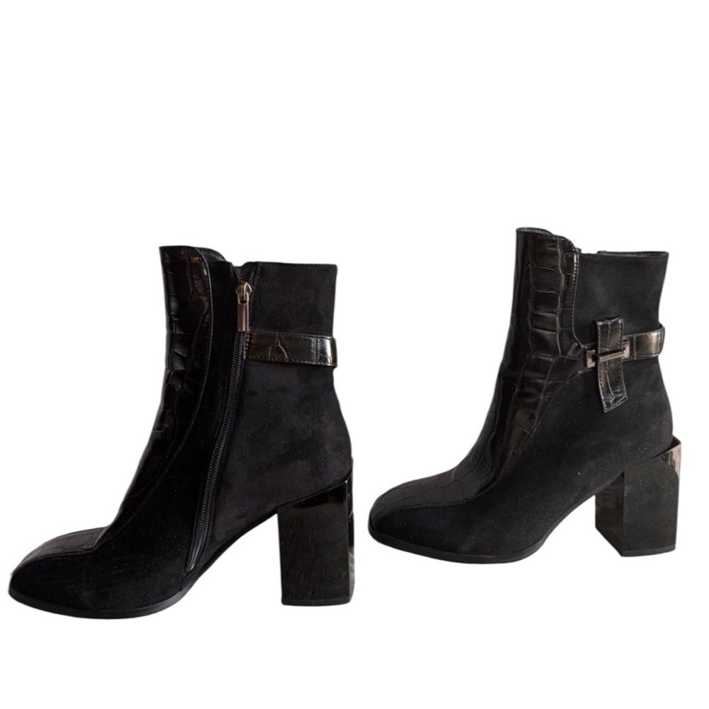 Torgeis Fontaine Black Croc-Embossed Block Heel Ankle Boots w/ Buckle Size 8 - Picture 10 of 13